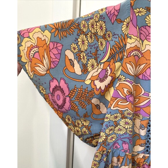 Babydoll Hippie Boho Top XL Blue Orange Retro Floral Short Sleeve Funky Grunge - Picture 4 of 13